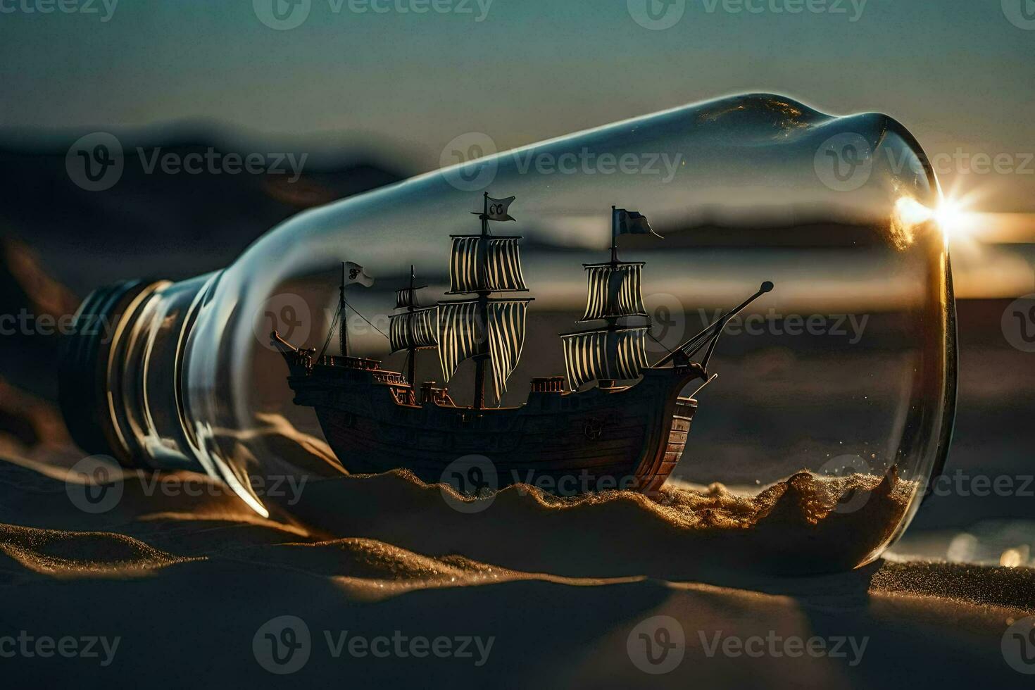 a ship in a bottle on the beach. AI-Generated photo