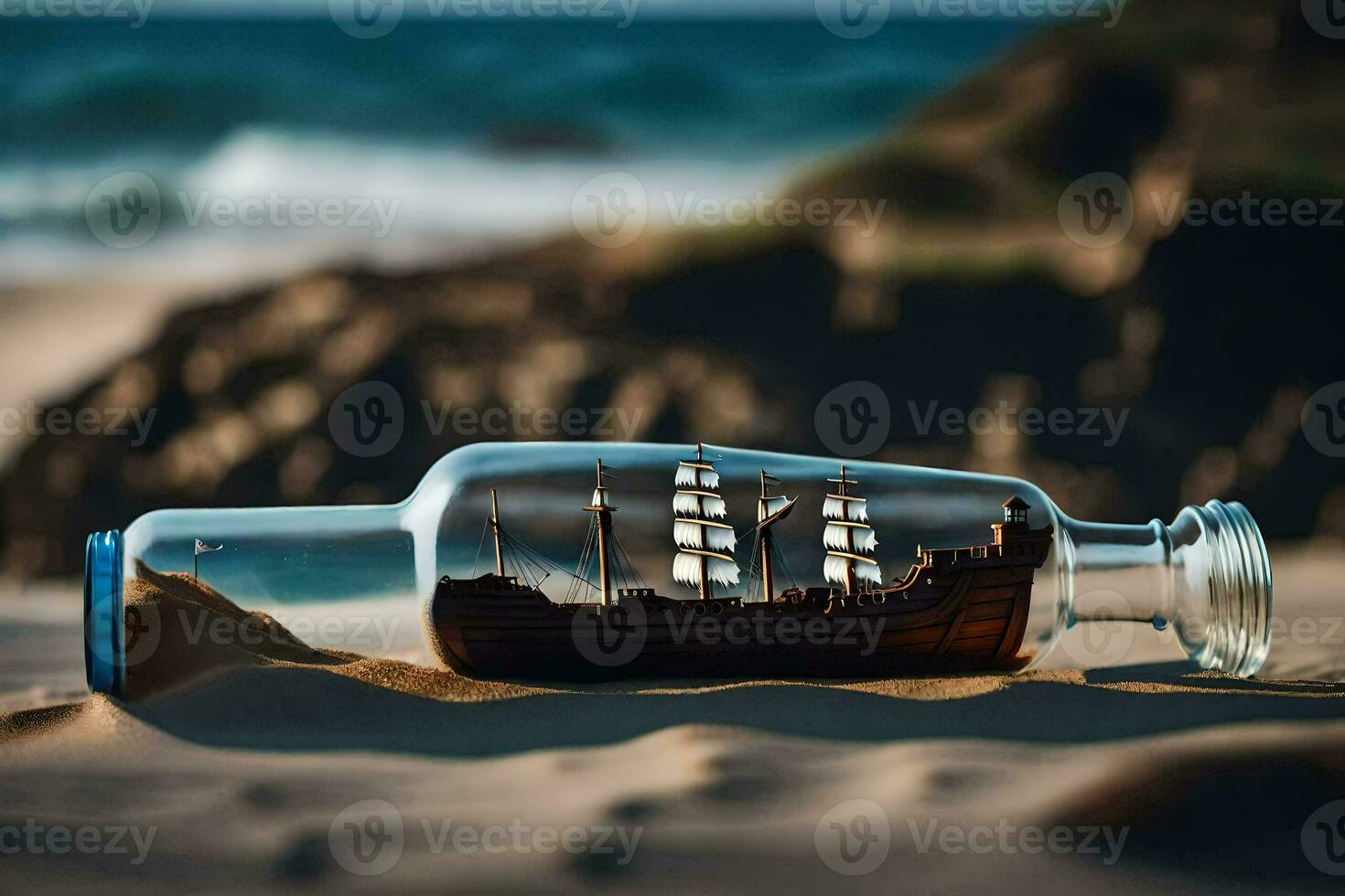 a ship in a bottle on the beach. AI-Generated photo