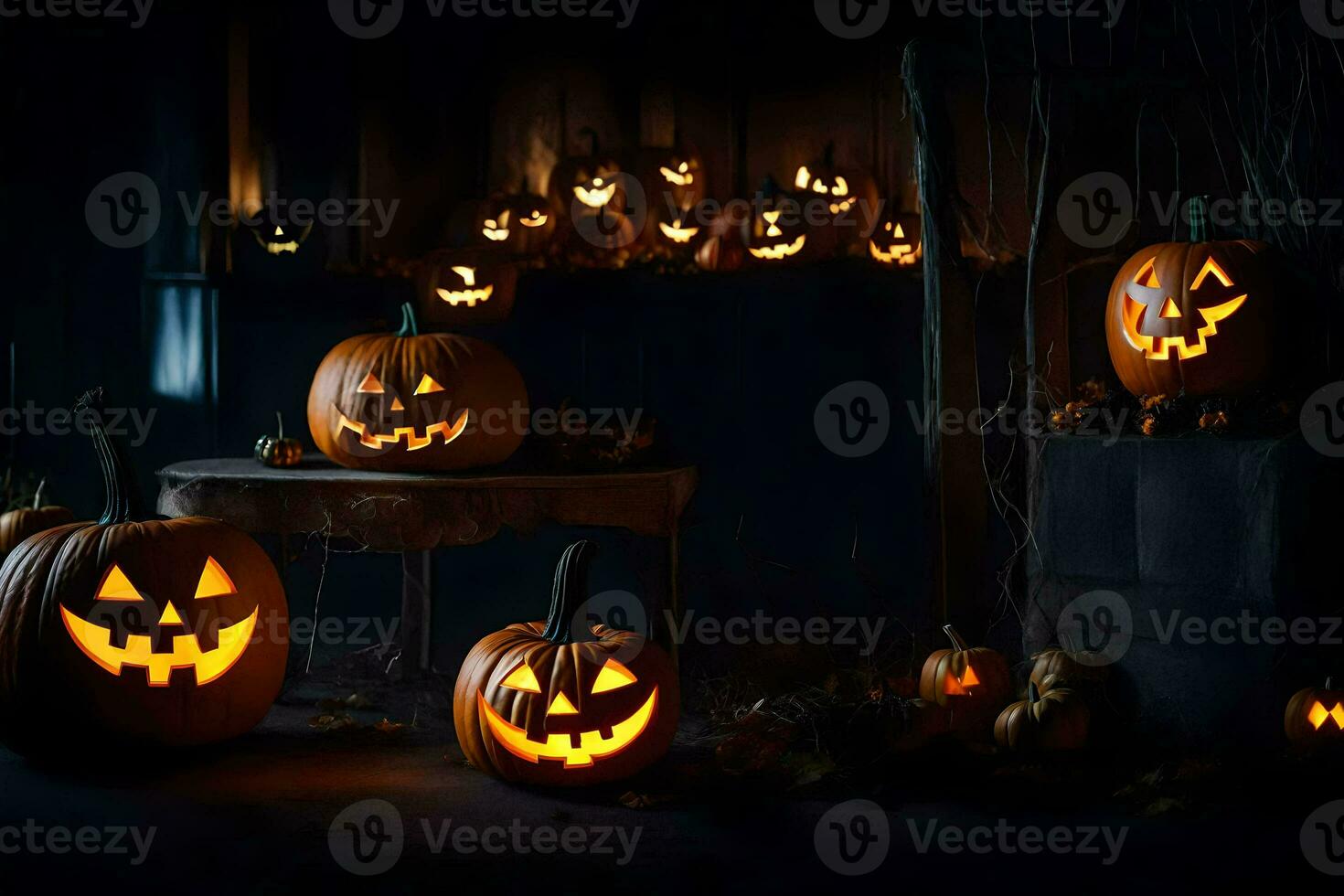 halloween pumpkins in a dark room. AI-Generated photo