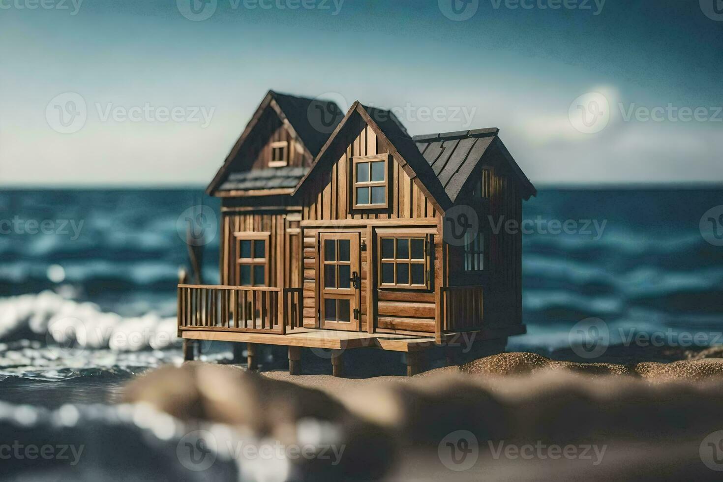 a miniature wooden house on the beach. AI-Generated photo