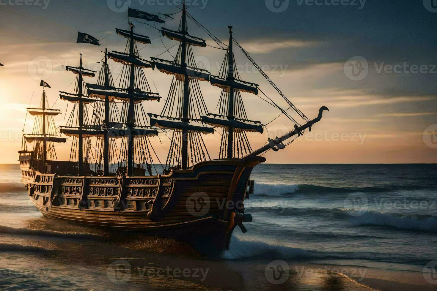 a pirate ship is sailing on the ocean at sunset. AI-Generated photo