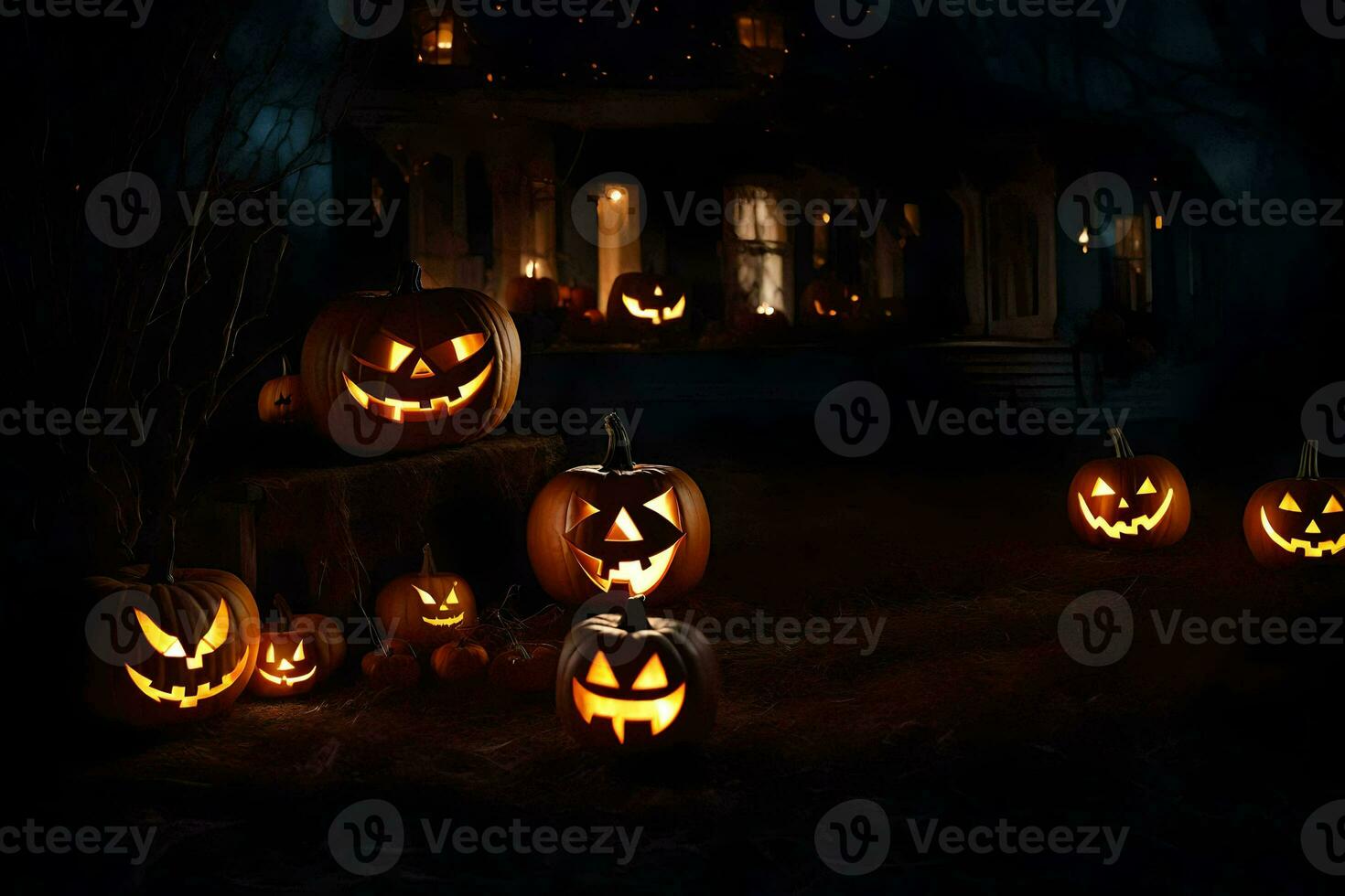 halloween pumpkins in front of a house at night. AI-Generated photo