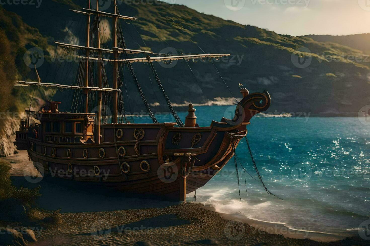 a ship on the beach with a mountain in the background. AI-Generated photo