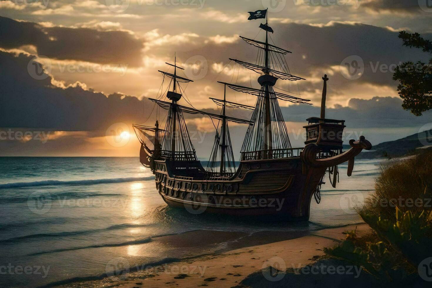 a pirate ship on the beach at sunset. AI-Generated photo