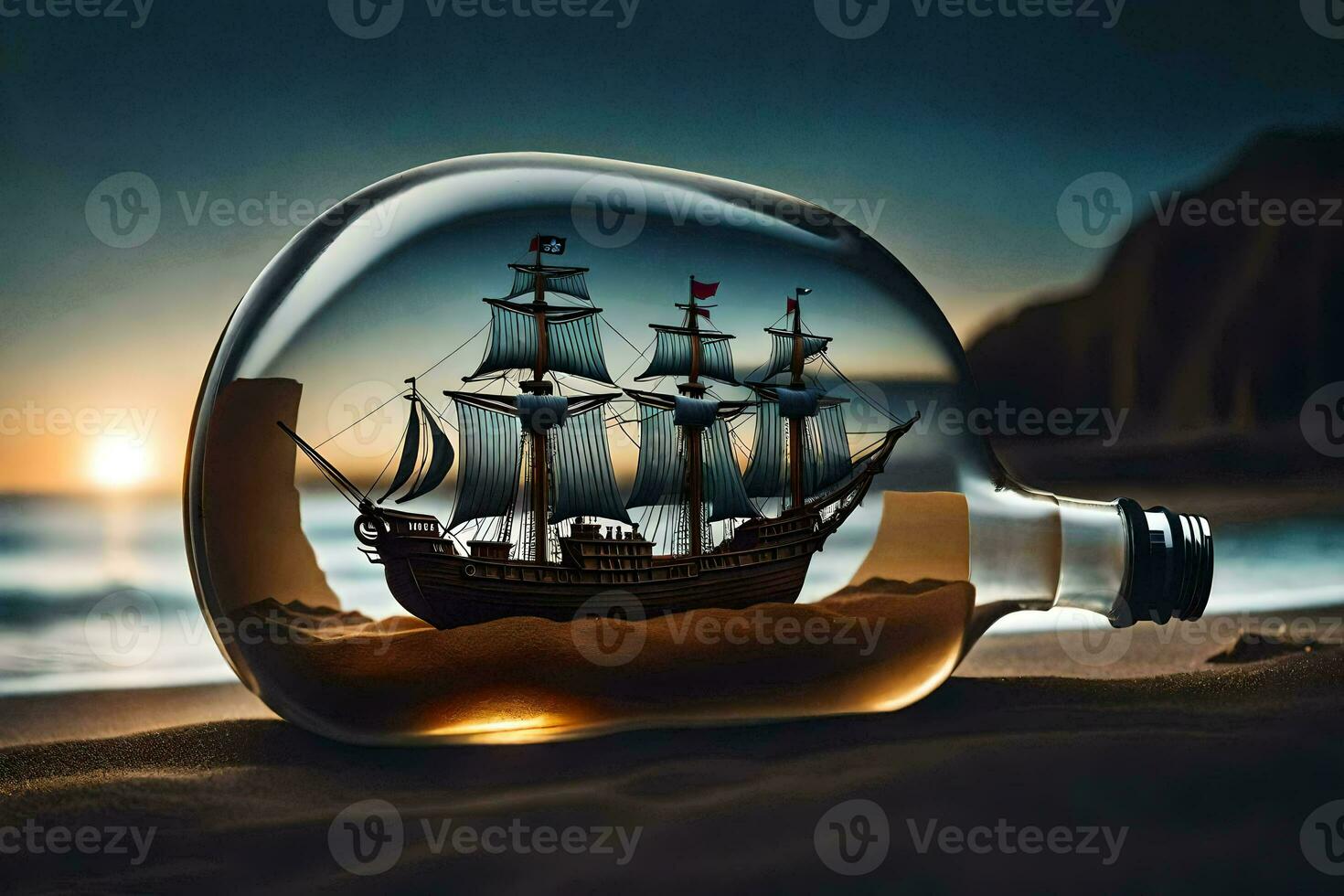 a ship in a bottle on the beach. AI-Generated photo