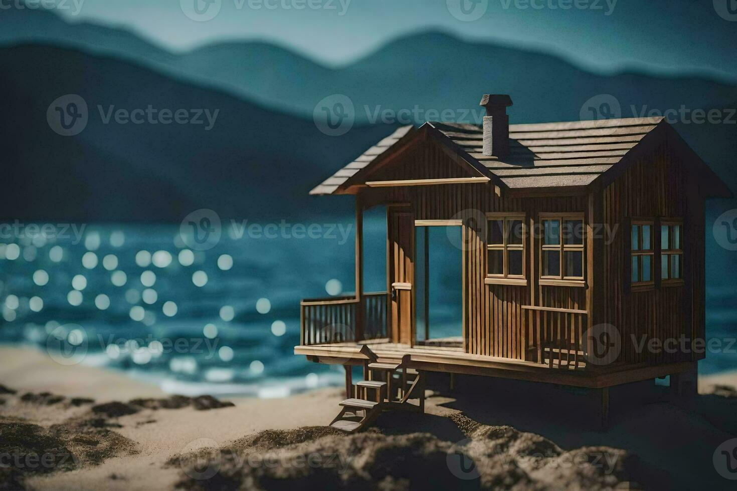 a miniature house on the beach with mountains in the background. AI-Generated photo