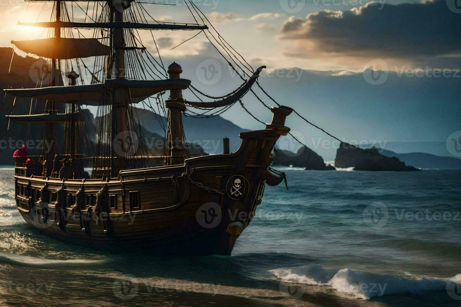 a pirate ship is sailing on the ocean. AI-Generated photo
