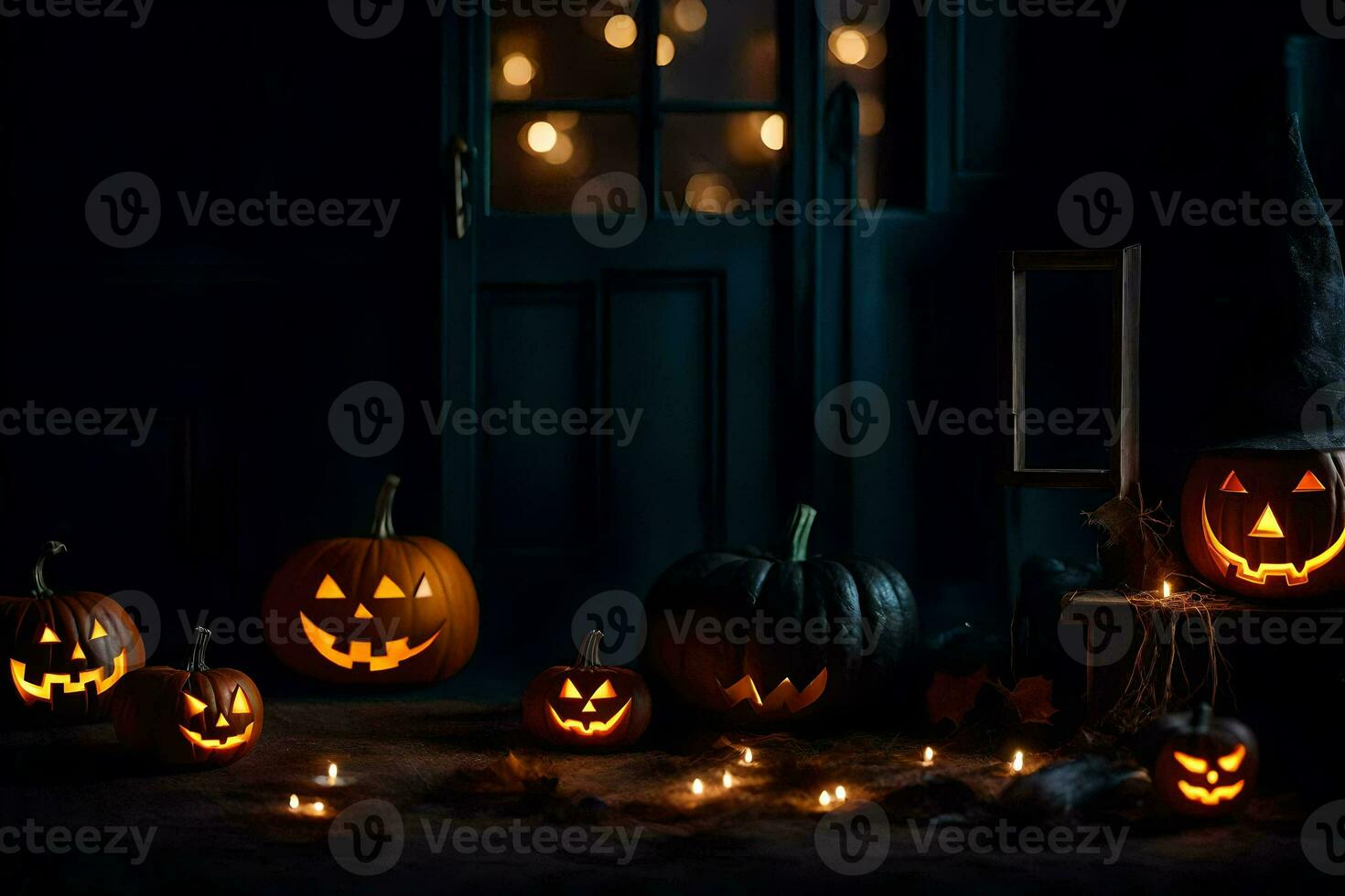 halloween pumpkins and candles in the dark. AI-Generated photo