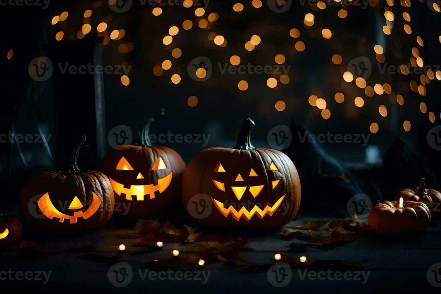 halloween pumpkins with faces and lights. AI-Generated photo