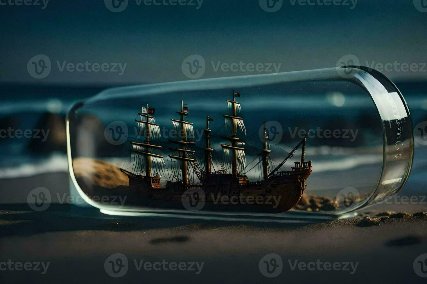 a ship in a bottle on the beach. AI-Generated photo