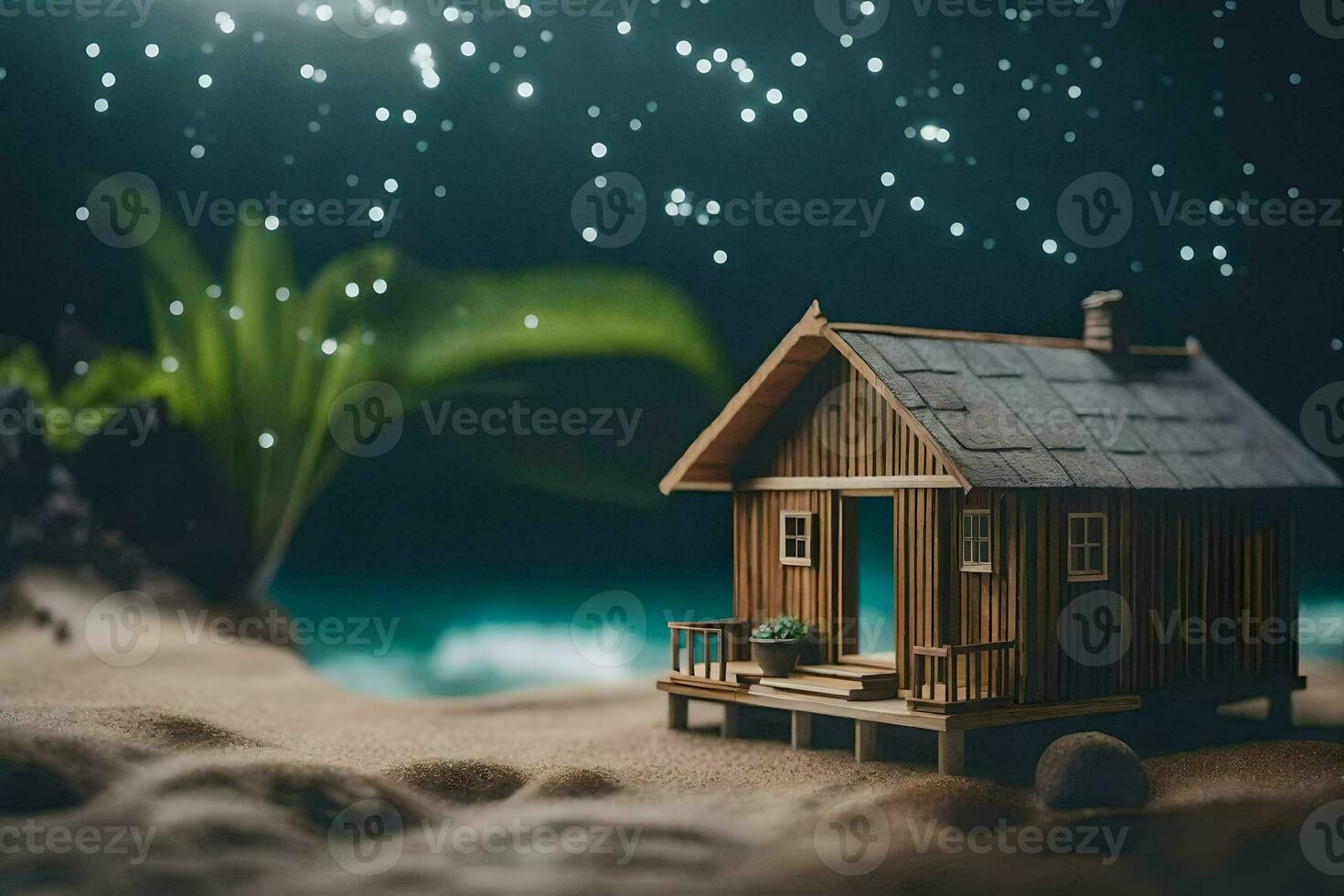 a miniature house on the beach with stars. AI-Generated photo