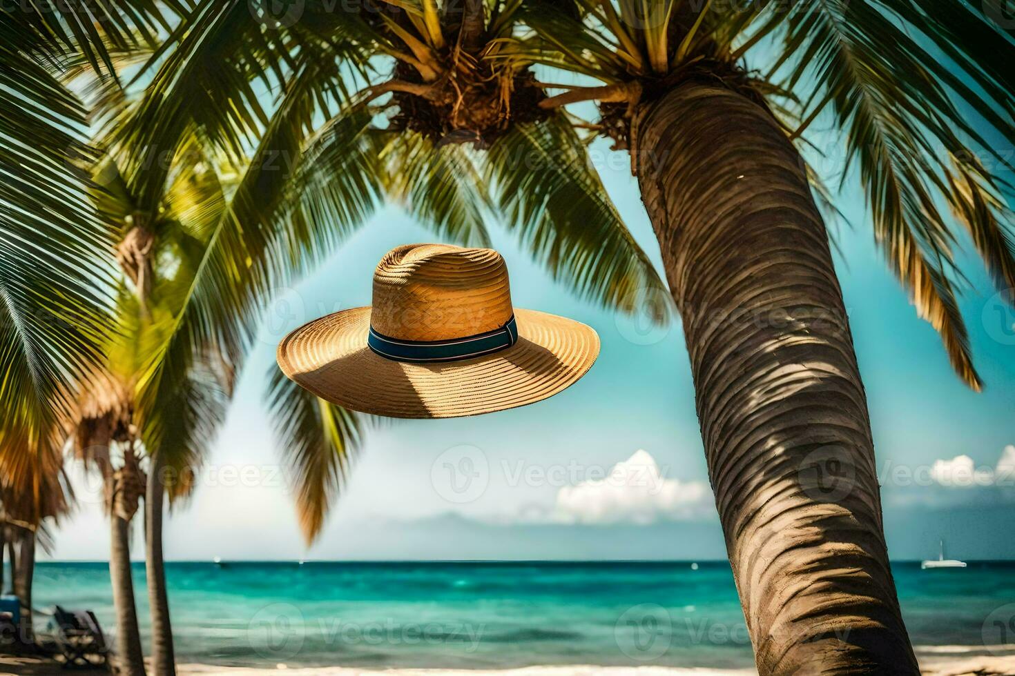 a hat hanging from a palm tree on the beach. AI-Generated photo