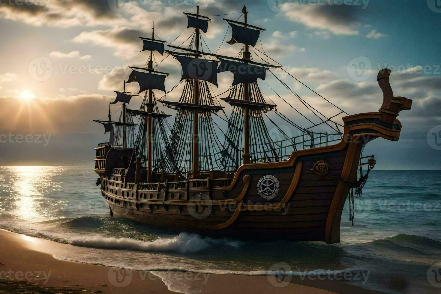 a pirate ship is on the beach at sunset. AI-Generated photo
