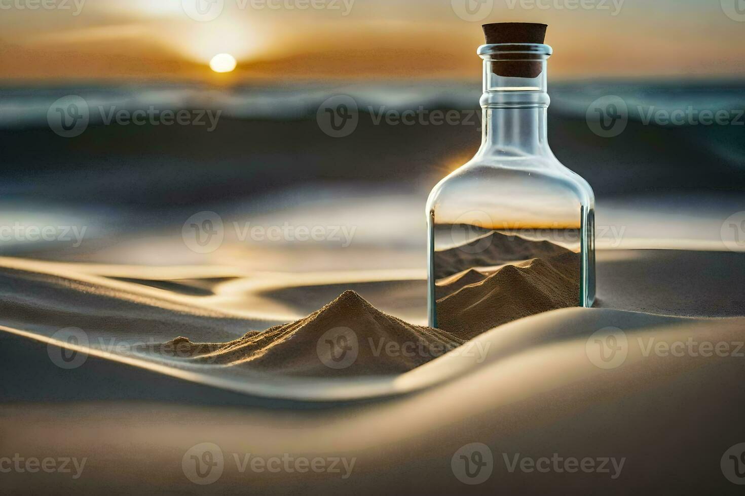 a message in a bottle in the sand. AI-Generated photo