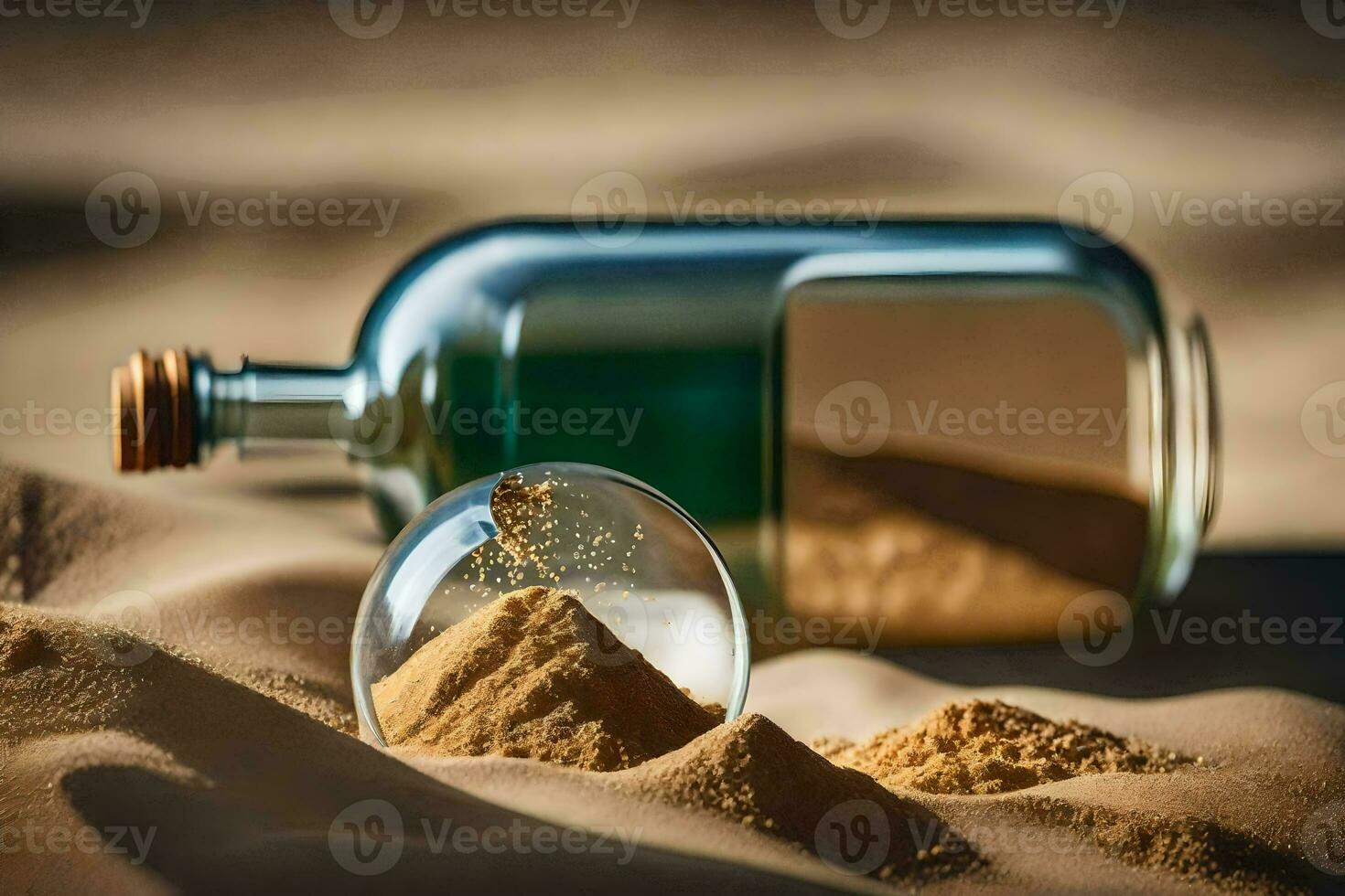 a bottle of sand in the desert. AI-Generated photo