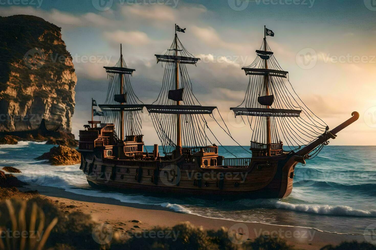 a pirate ship on the beach at sunset. AI-Generated photo