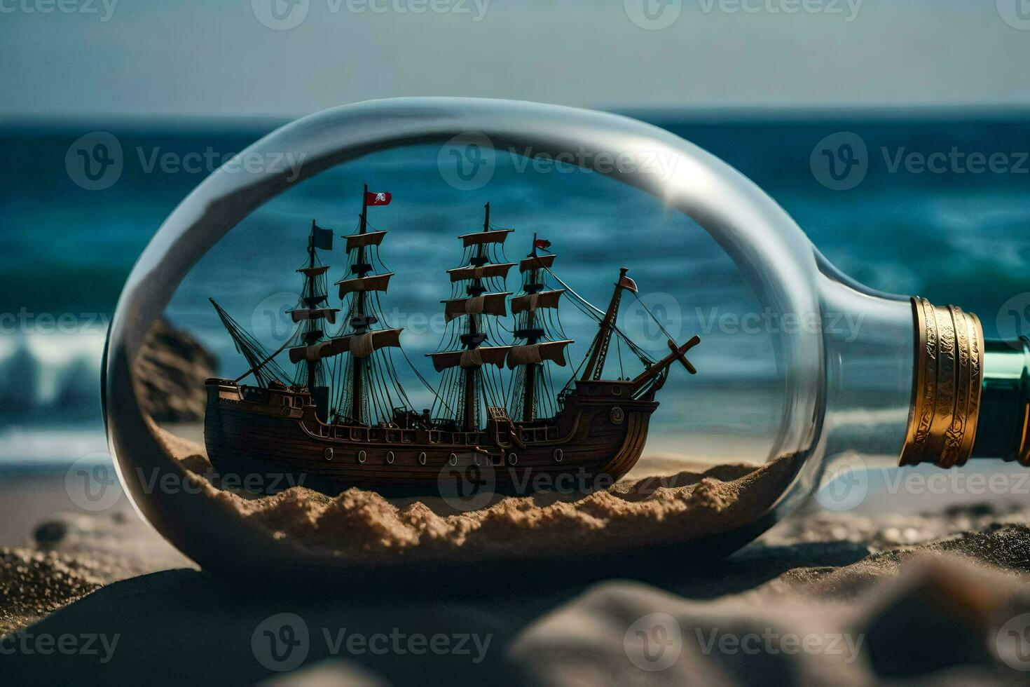 a ship in a bottle on the beach. AI-Generated photo