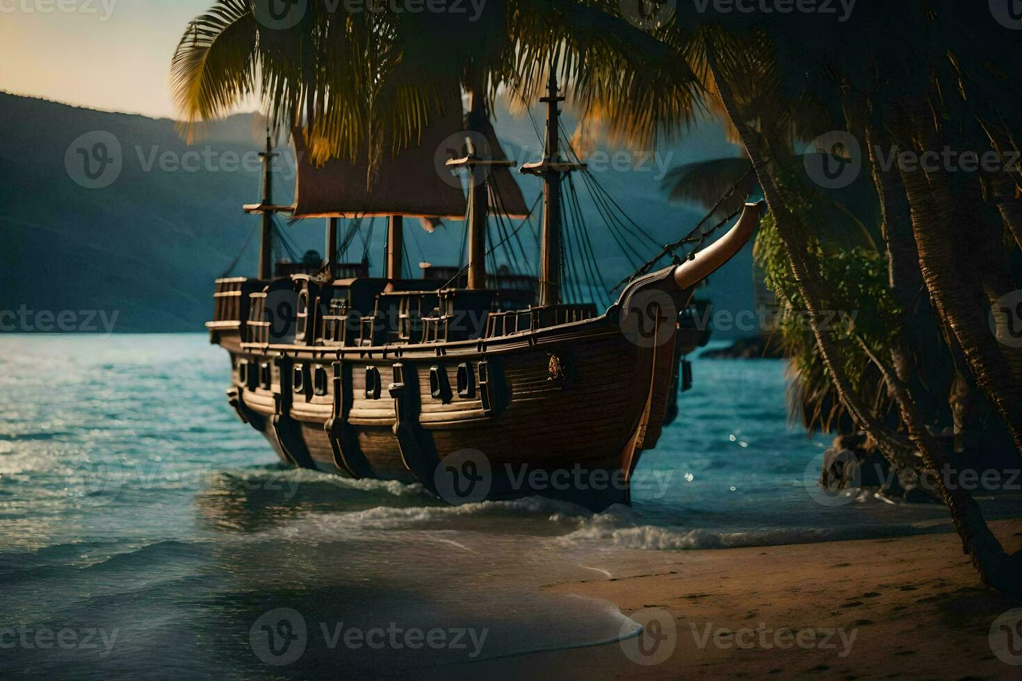 a pirate ship is on the beach near palm trees. AI-Generated photo