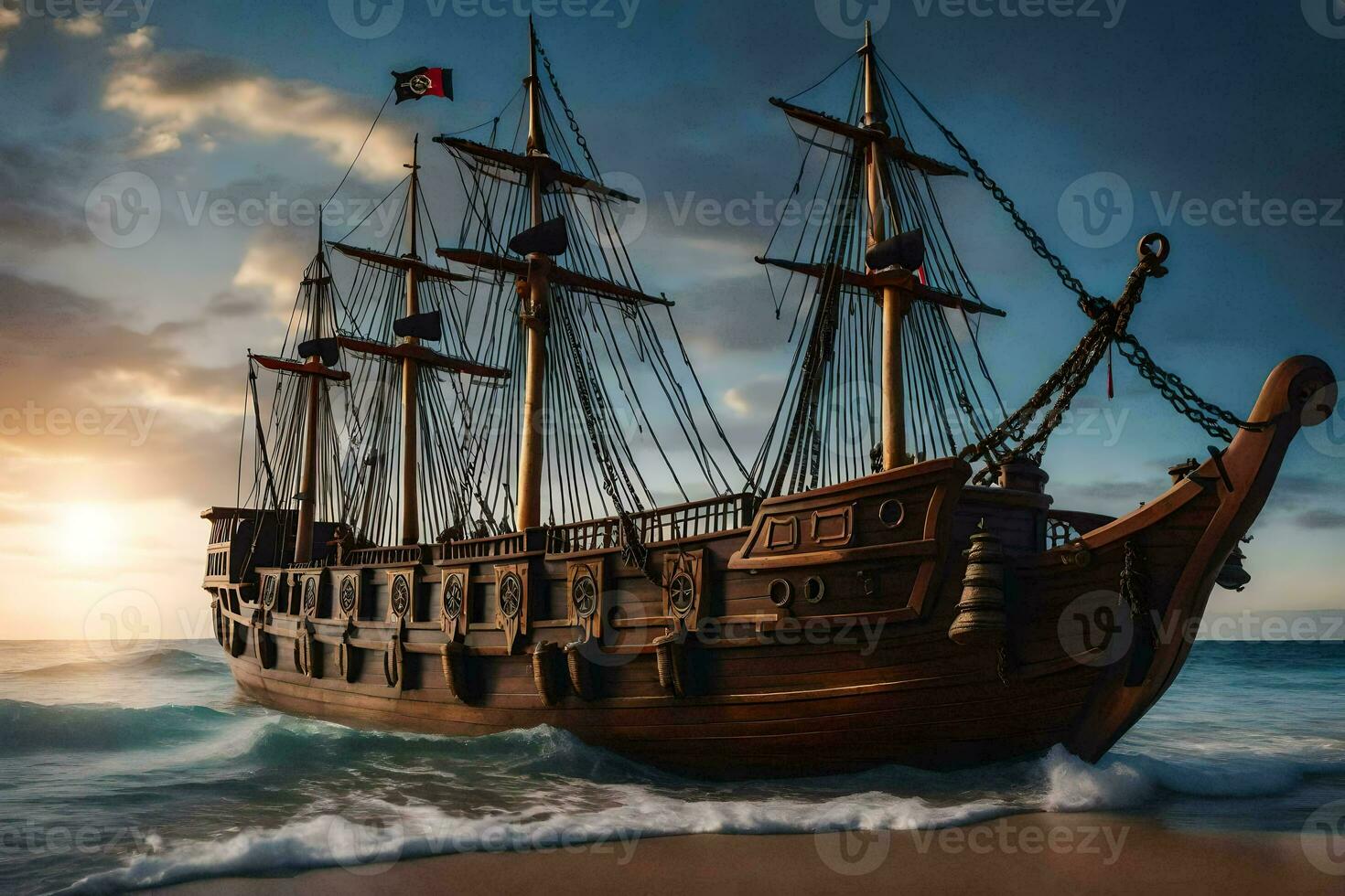 a pirate ship on the beach at sunset. AI-Generated photo
