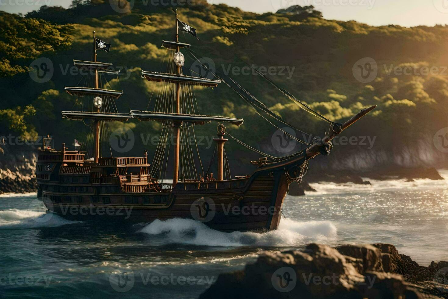 a pirate ship in the ocean near rocks. AI-Generated photo