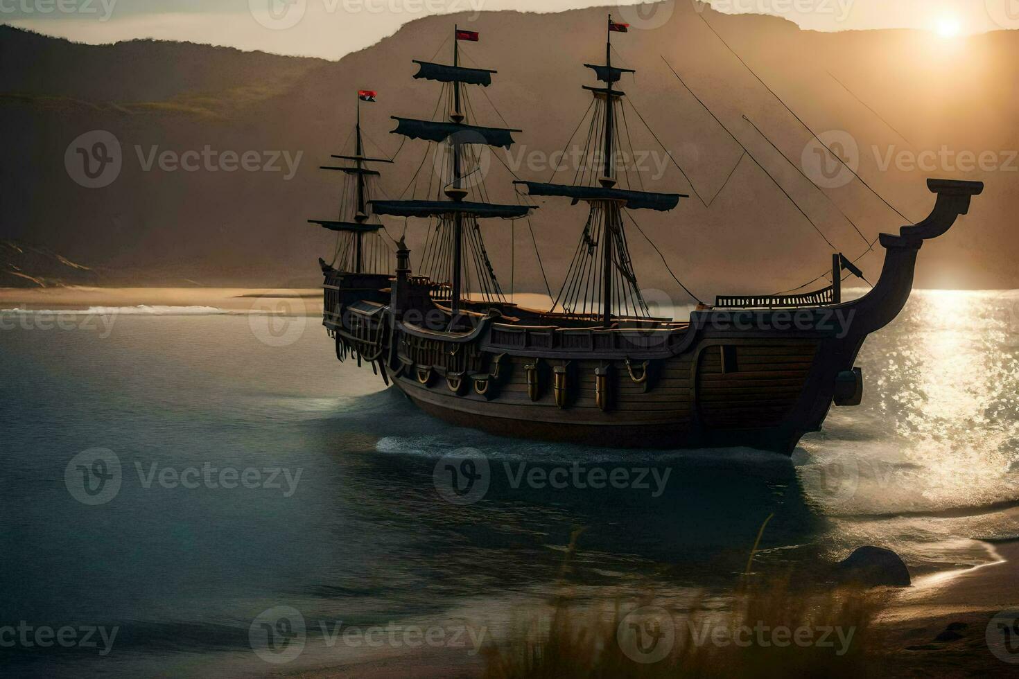 a pirate ship is sailing on the ocean. AI-Generated photo