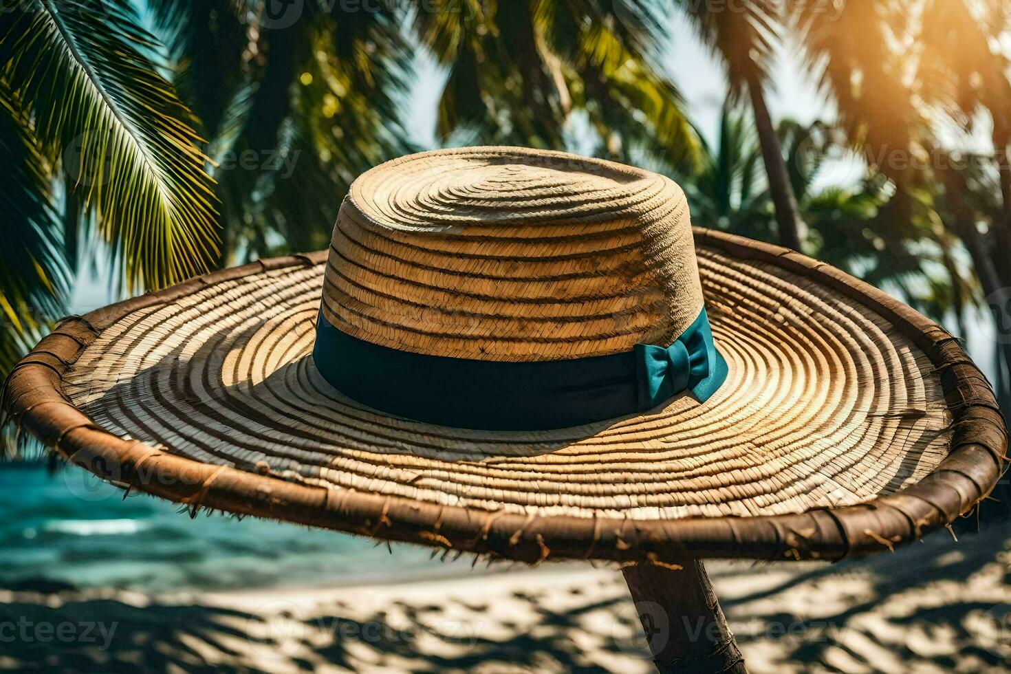 a straw hat on a beach with palm trees. AI-Generated photo