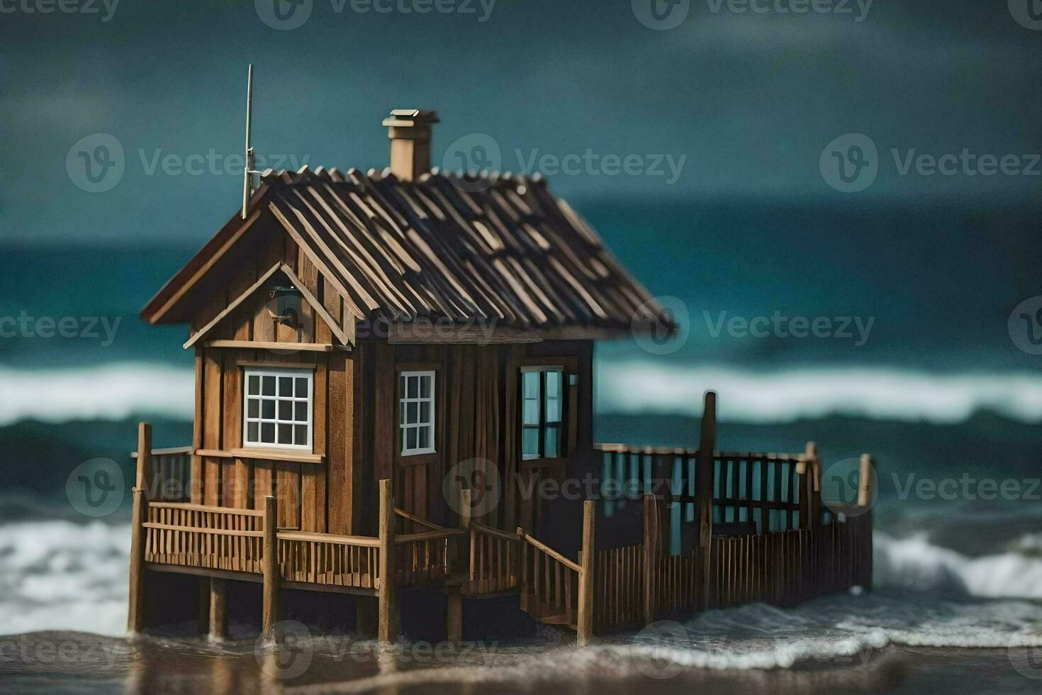 a miniature wooden house on the beach. AI-Generated photo