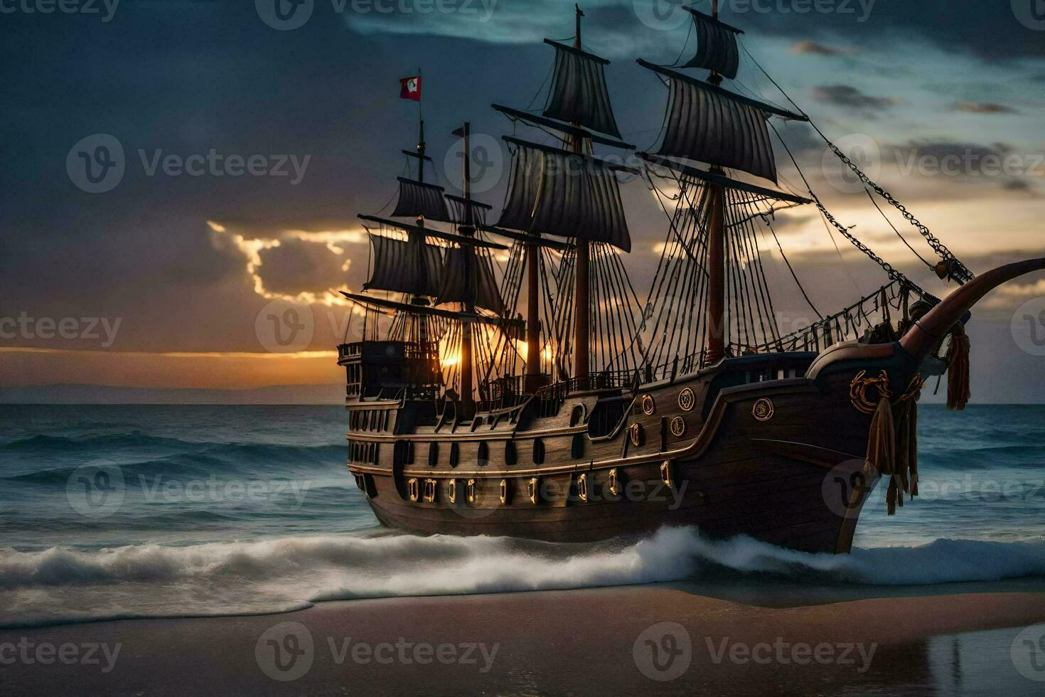 a pirate ship is sailing on the ocean at sunset. AI-Generated photo