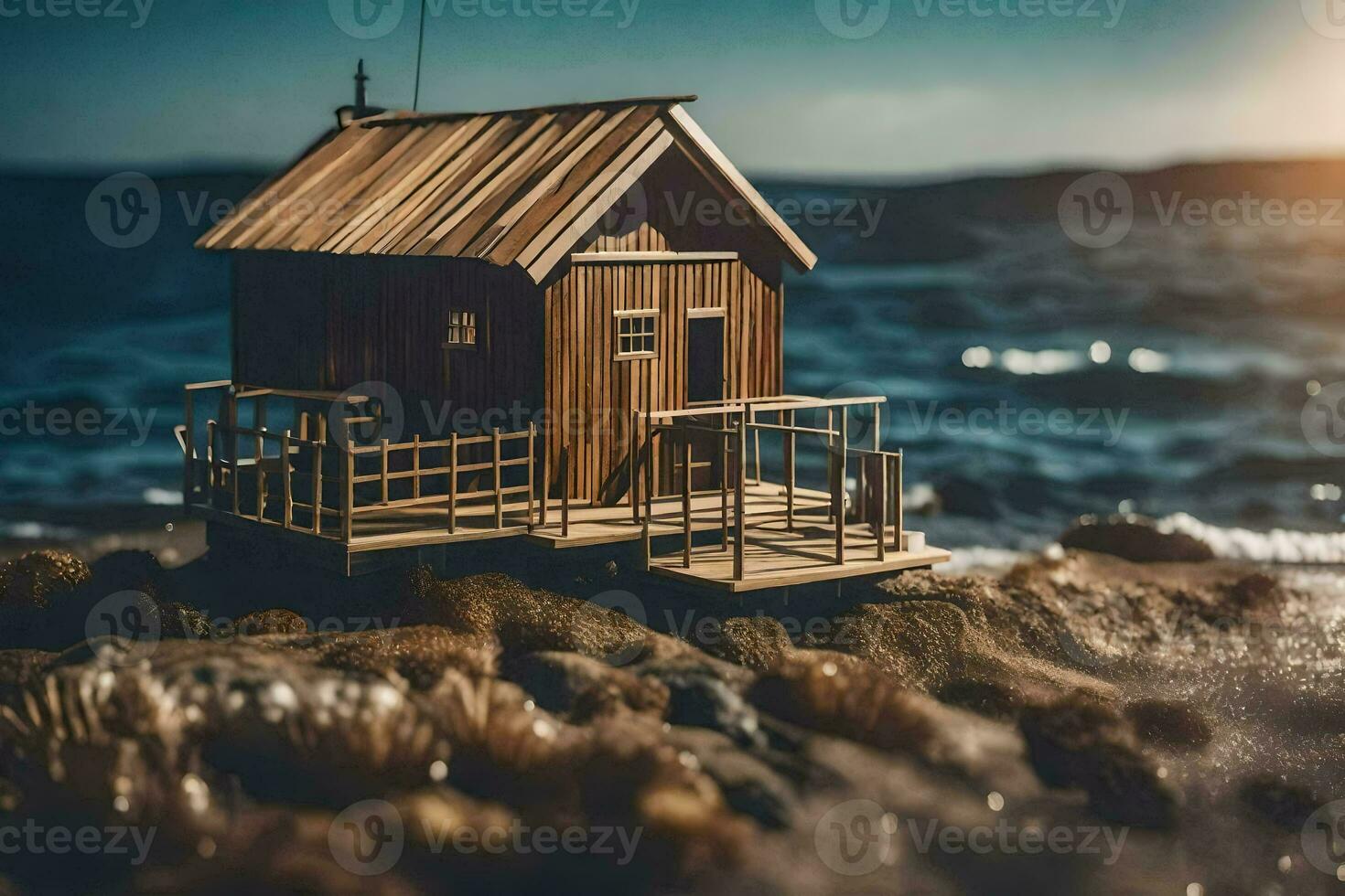a miniature wooden house on the beach. AI-Generated photo