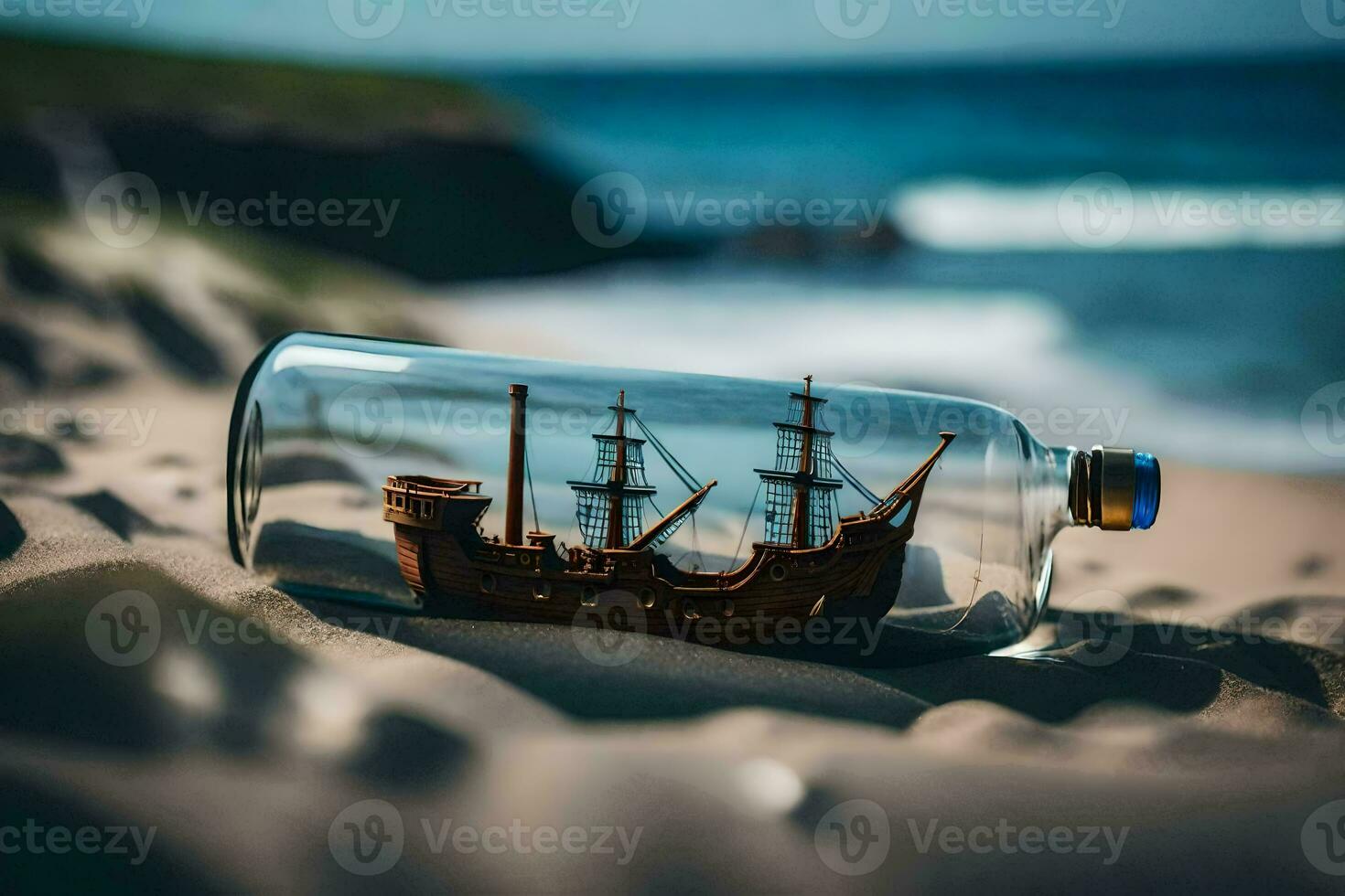ship in a bottle on the beach. AI-Generated photo