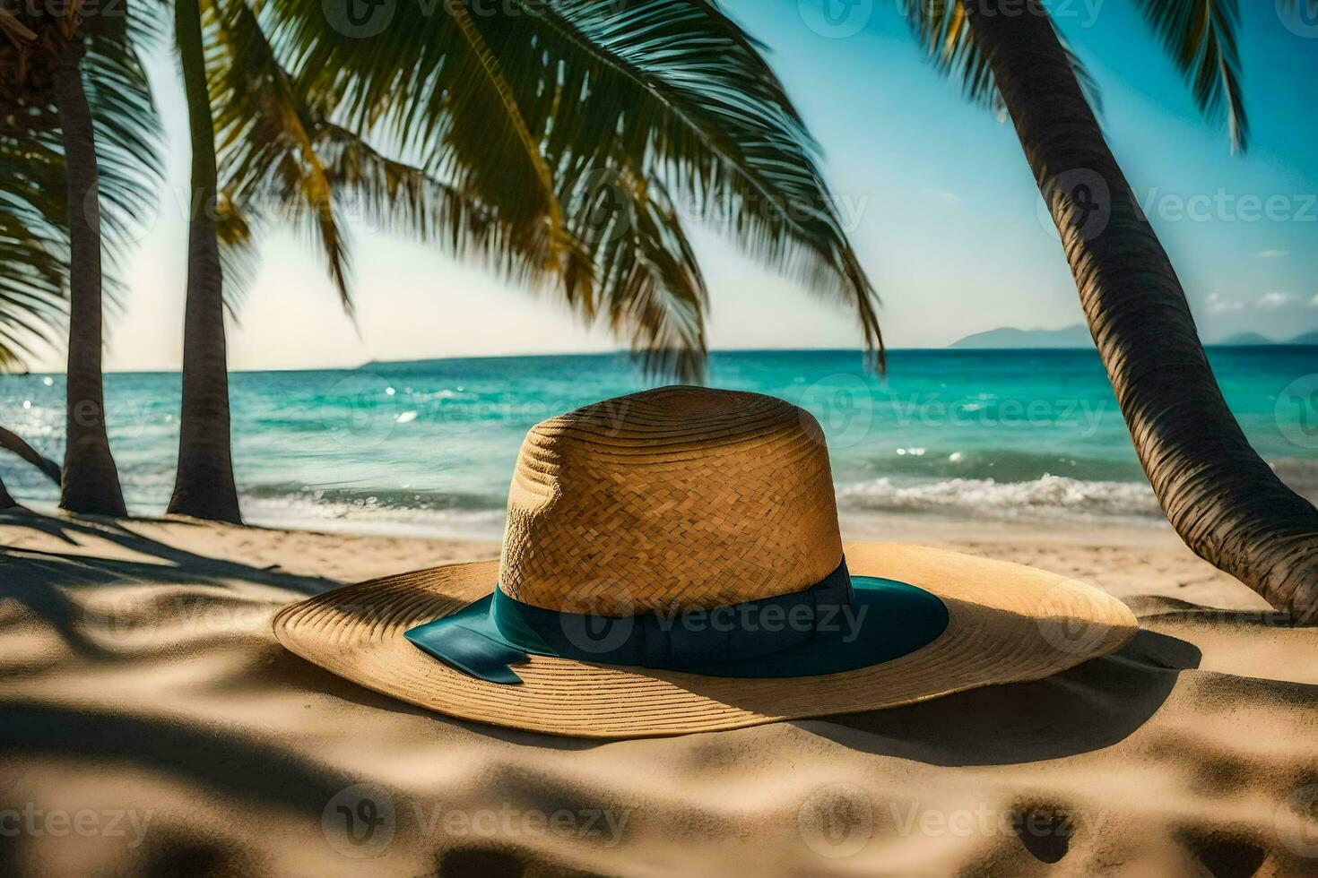 a hat sits on the sand near palm trees. AI-Generated photo