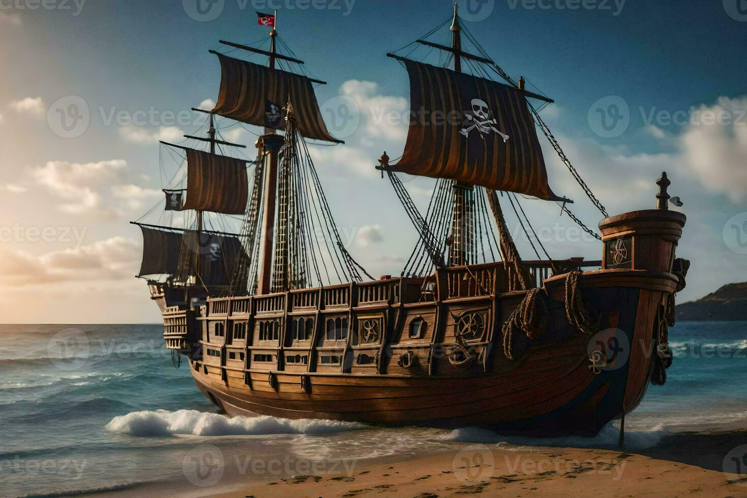 a pirate ship on the beach at sunset. AI-Generated photo