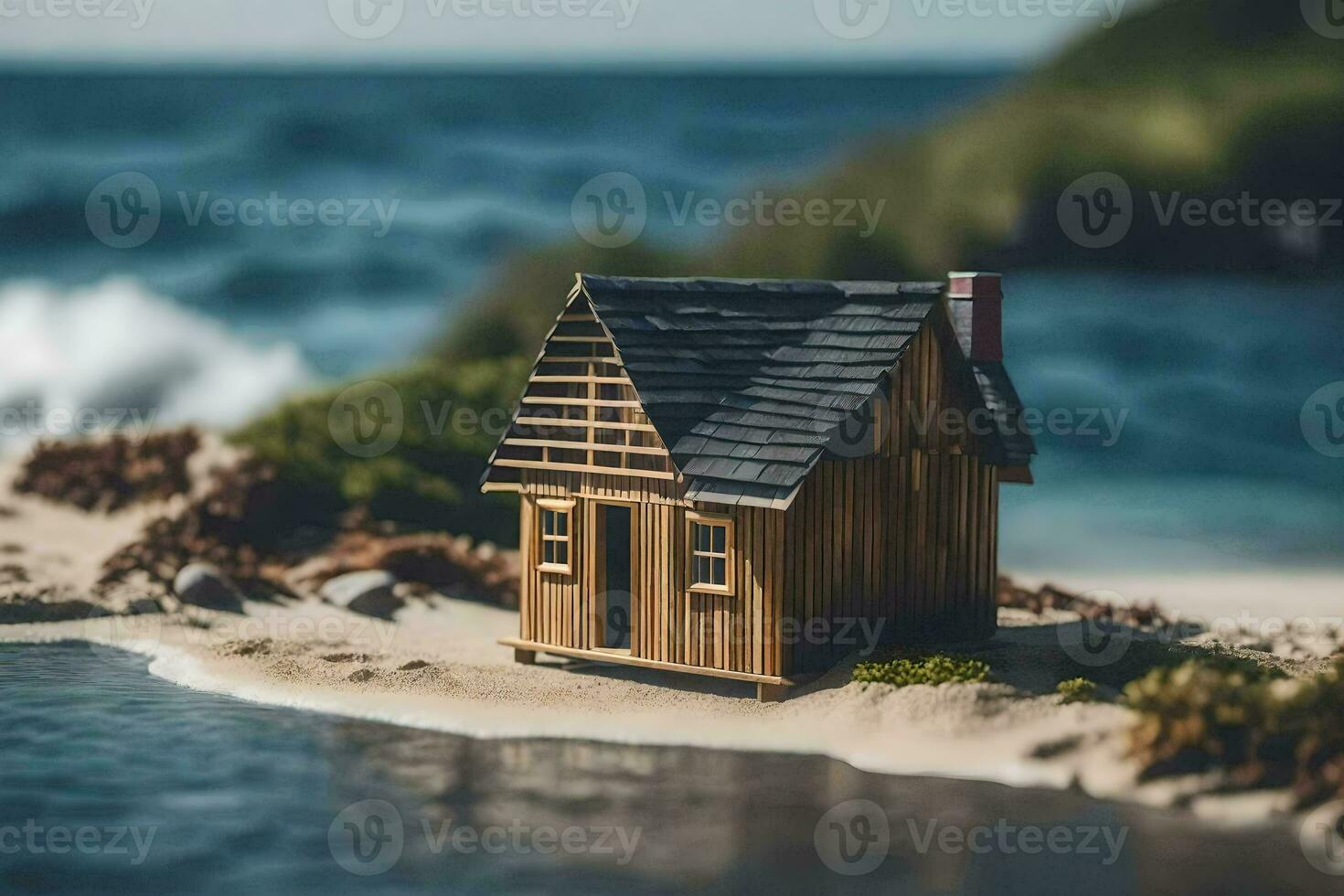 a miniature wooden house on the beach. AI-Generated photo