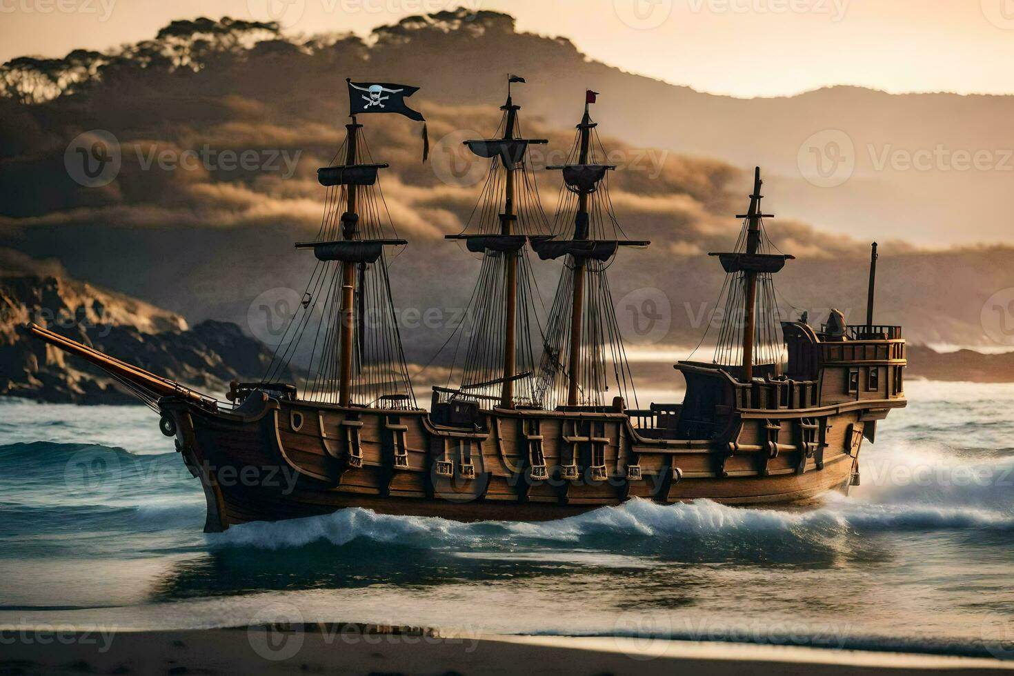 a pirate ship is sailing on the ocean. AI-Generated photo