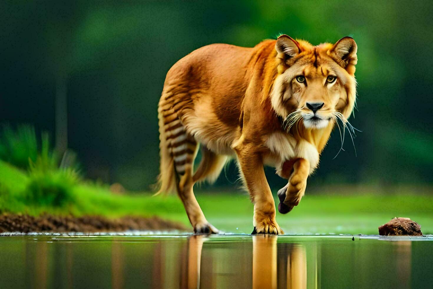 a lion walking across a pond in the forest. AI-Generated photo