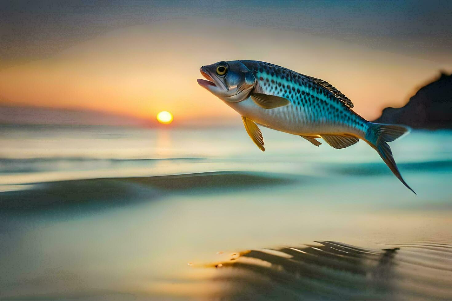 un pescado saltando fuera de el agua a puesta de sol. generado por ai foto