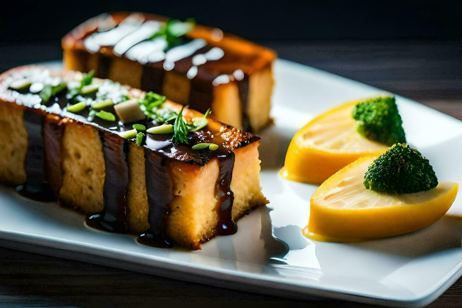 two pieces of cake with sauce on them. AI-Generated photo