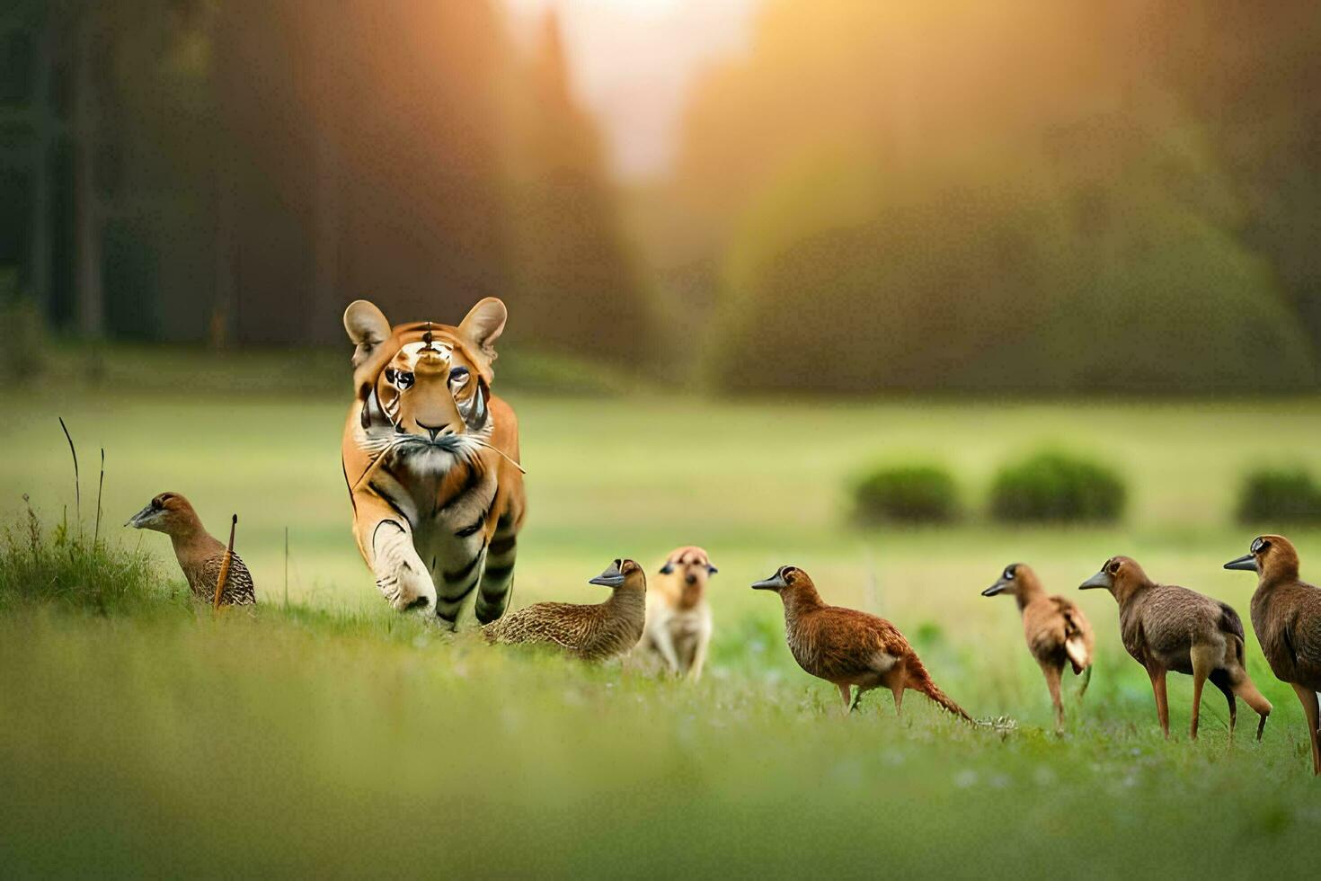 a tiger walking through a field with birds. AI-Generated photo
