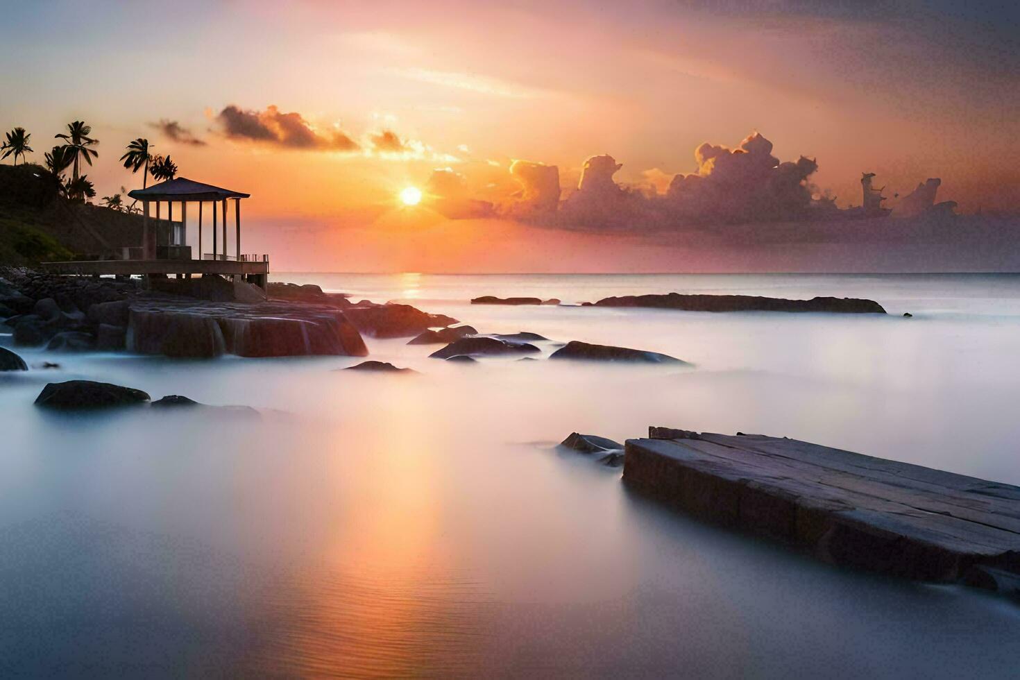 a gazebo sits on the shore of a beach at sunset. AI-Generated photo