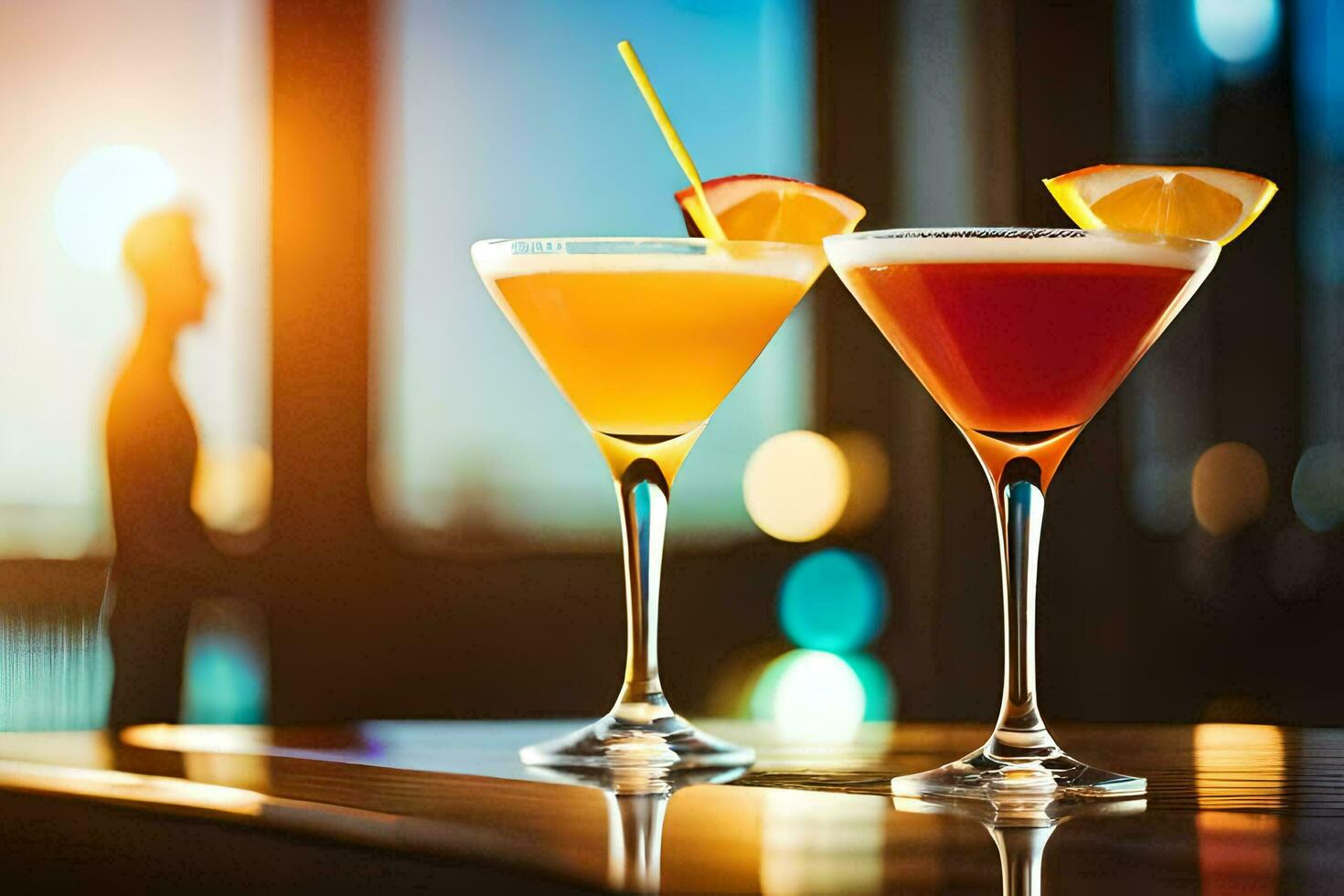 two cocktails on a bar table with a man in the background. AI-Generated photo
