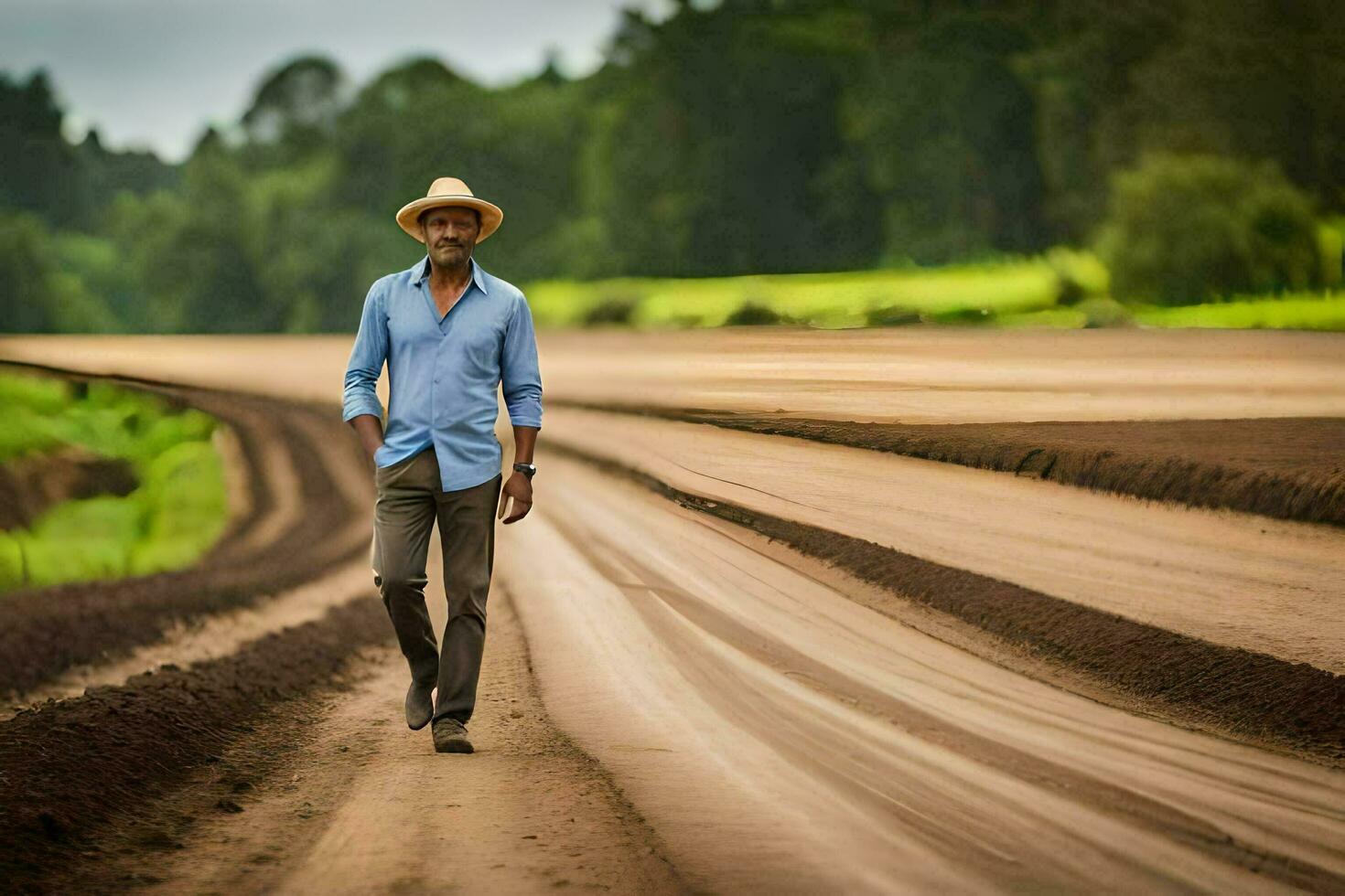 a man in a hat walks down a dirt road. AI-Generated photo