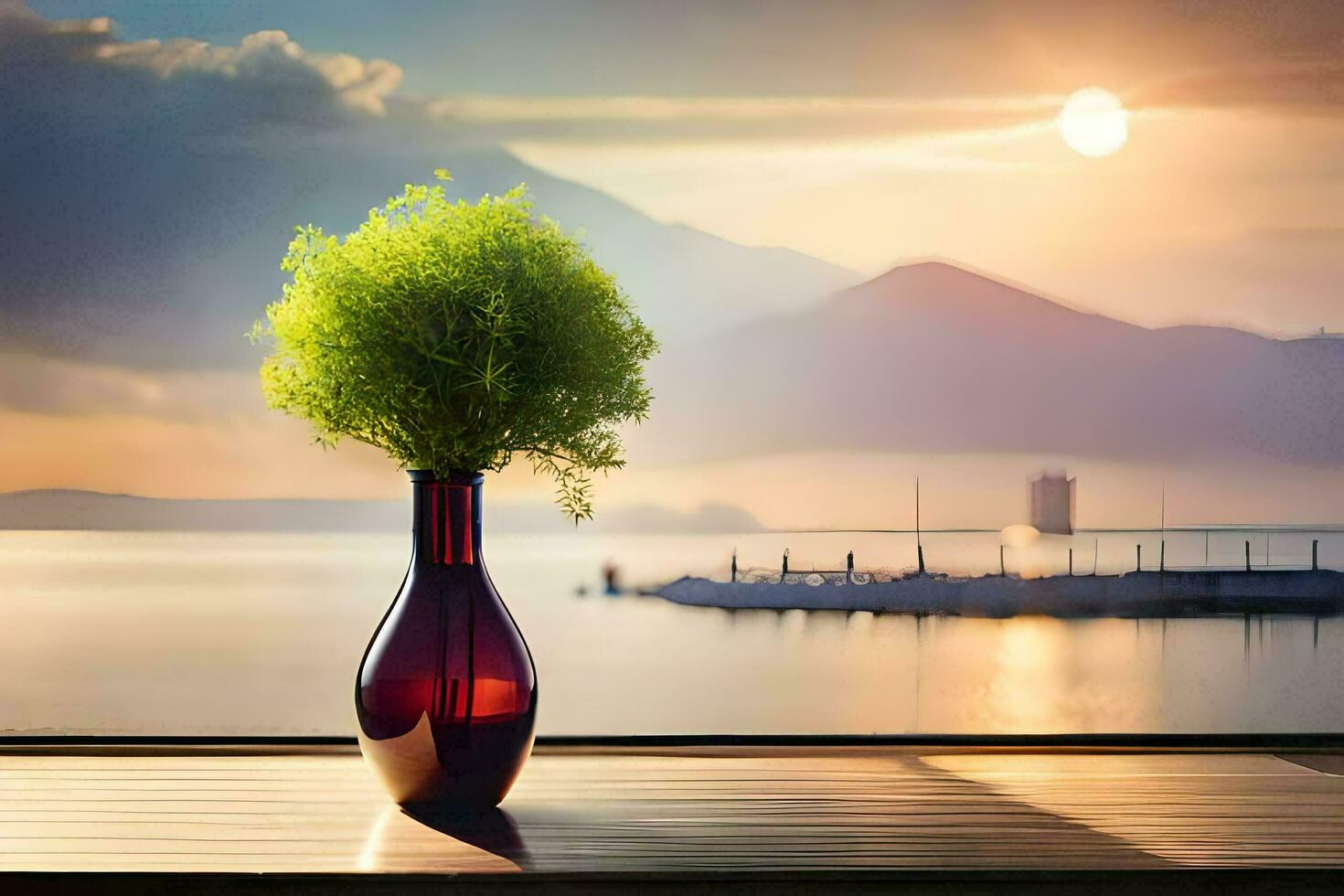 a vase with a plant on a table in front of a lake. AI-Generated photo