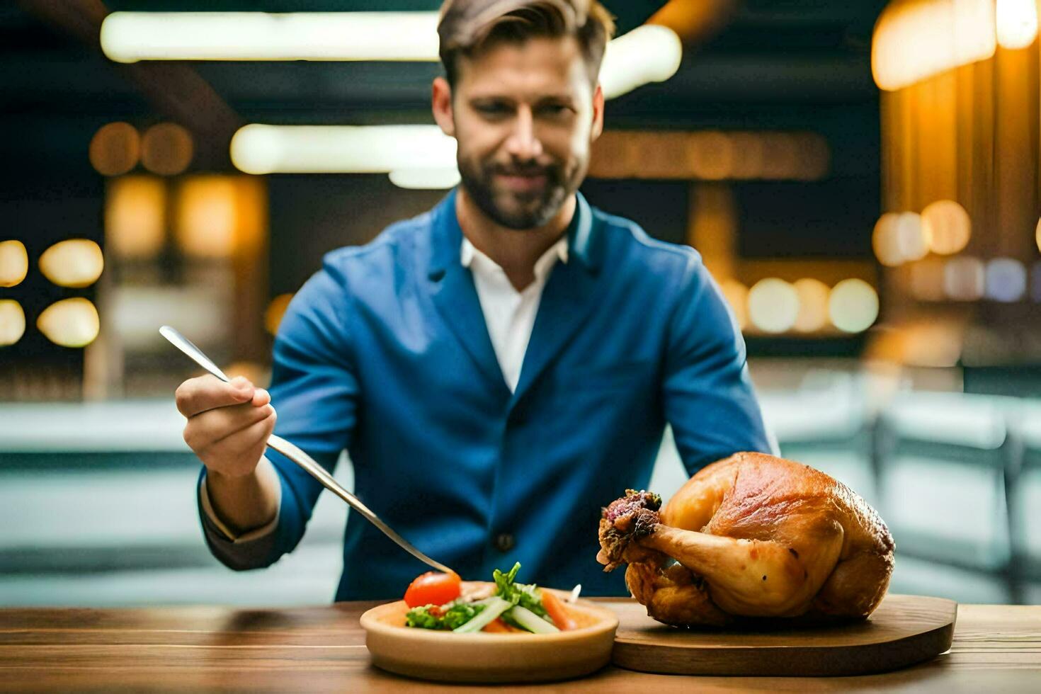 a man is eating a roasted turkey in front of a table. AI-Generated photo