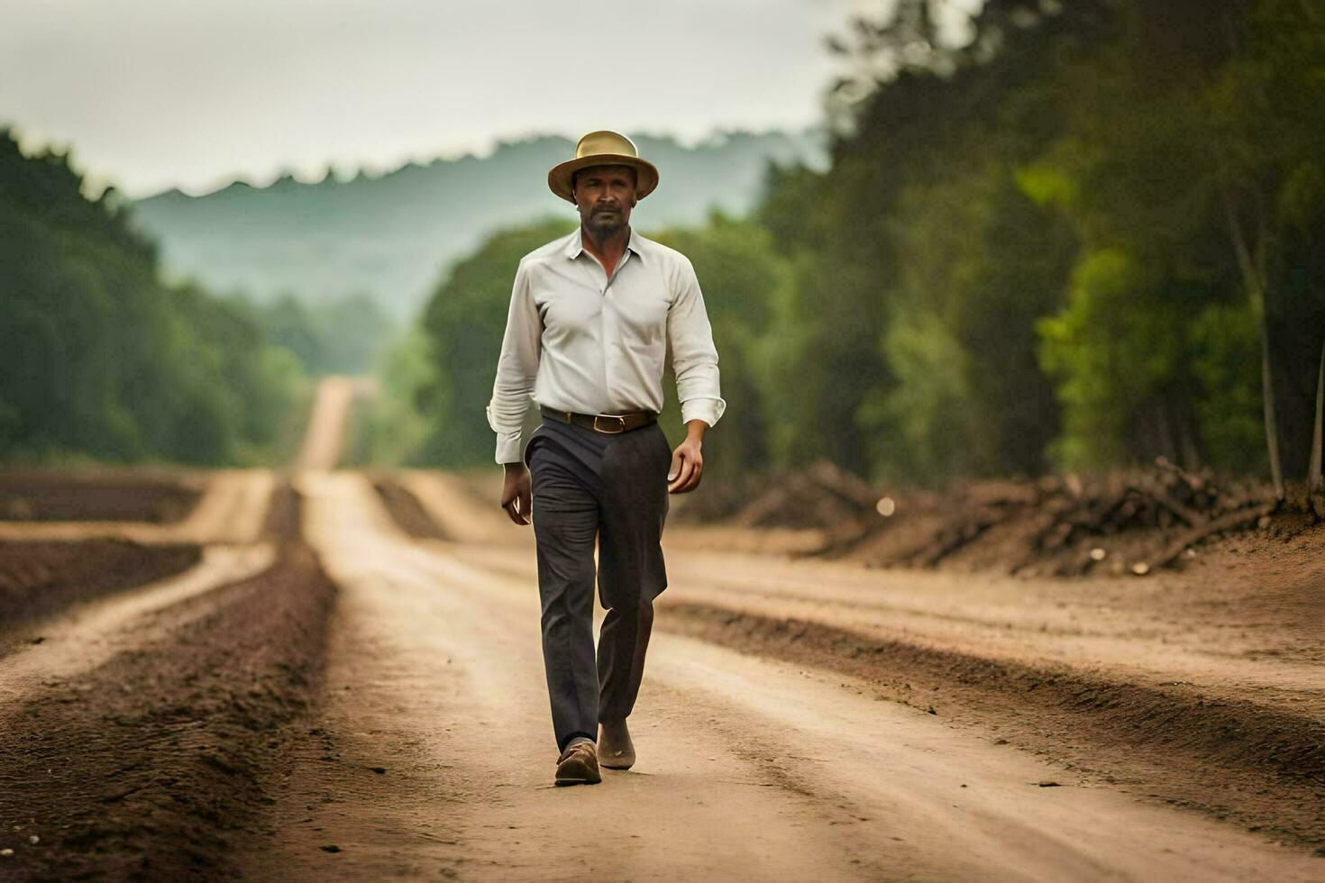 a man in a hat walks down a dirt road. AI-Generated photo