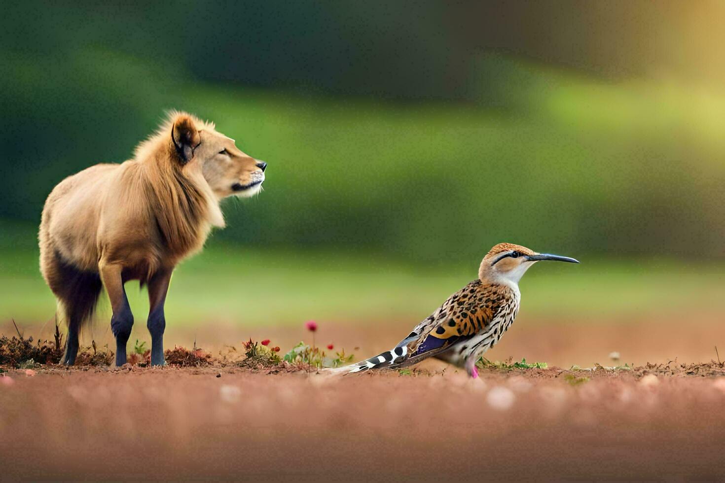 el león y el pájaro. generado por ai foto