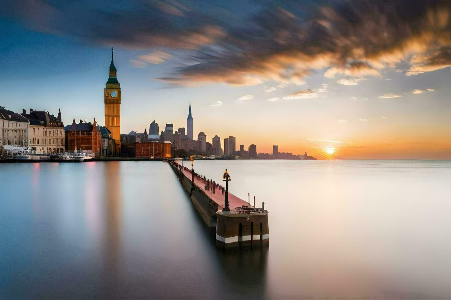 the sun rises over the city skyline and big ben. AI-Generated photo