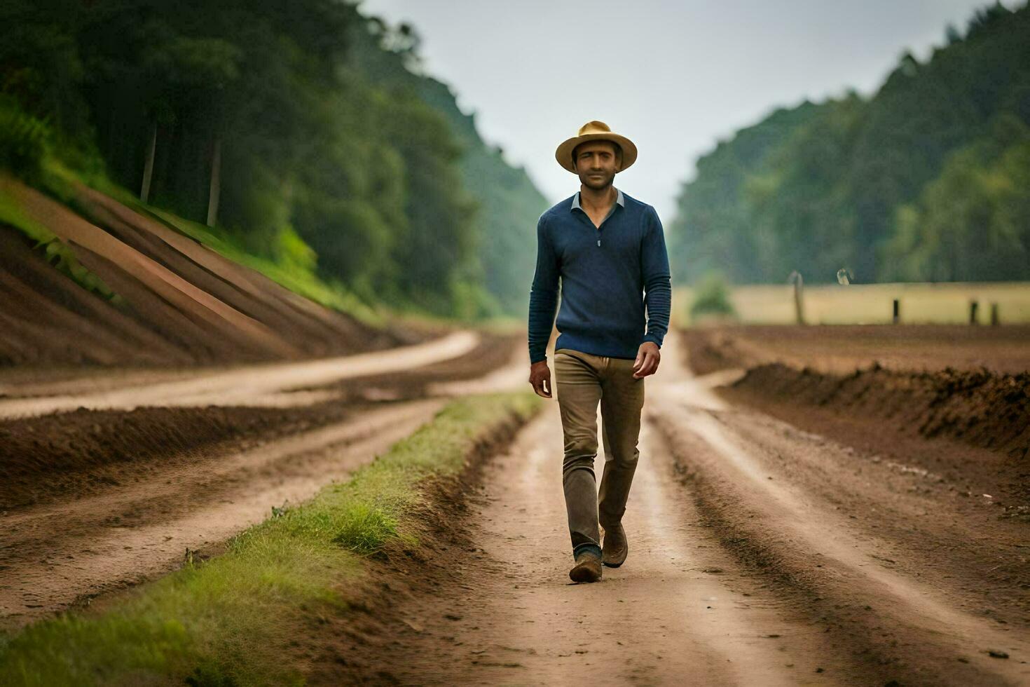 a man in a hat walks down a dirt road. AI-Generated photo