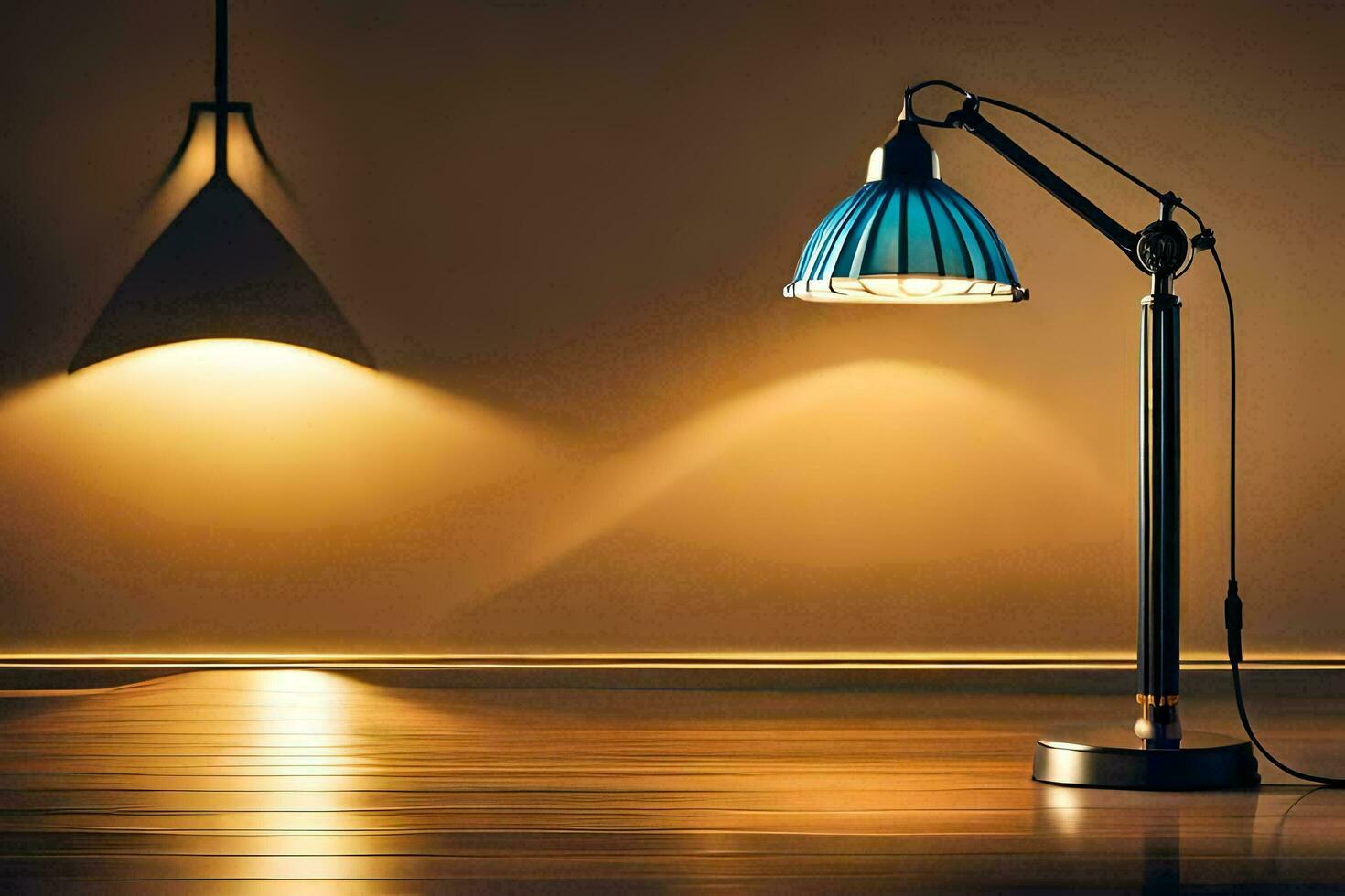 a lamp on a wooden floor in front of a wall. AI-Generated photo