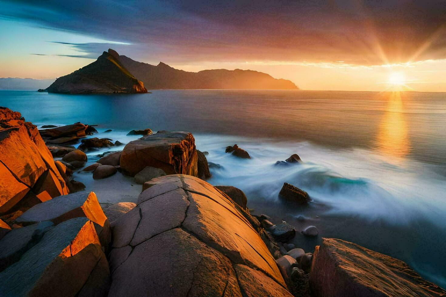the sun rises over the ocean and rocks in the foreground. AI-Generated photo