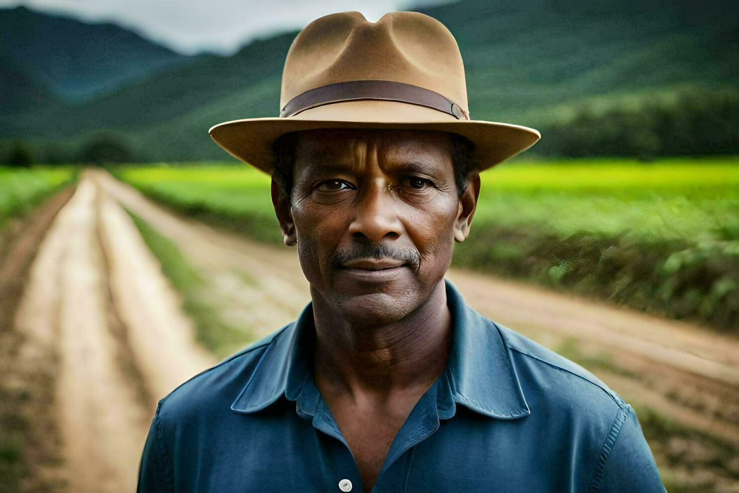 a man in a hat standing in a dirt road. AI-Generated photo